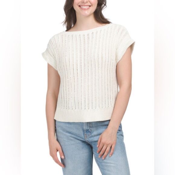 FRYE SML Chalk White Boatneck Open Stitch Knit Cap Sleeve Pullover Sweater Top - Picture 1 of 16